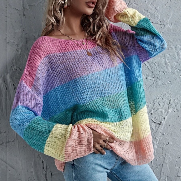 Sweaters - pink color block stripes oversized knit sweater